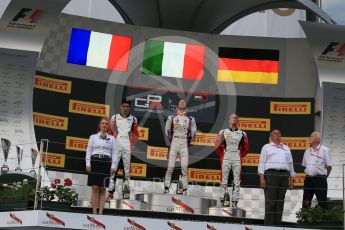 World © Octane Photographic Ltd. Saturday 25th July 2015. Trident – Luca Ghiotto (1st), ART Grand Prix – Esteban Ocon (2nd) and Marvin Kirchhofer (3rd). GP3 Race 1 Podium – Hungaroring, Hungary. Digital Ref. :