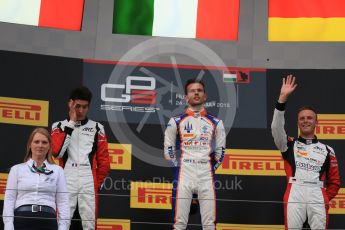 World © Octane Photographic Ltd. Saturday 25th July 2015. Trident – Luca Ghiotto (1st), ART Grand Prix – Esteban Ocon (2nd) and Marvin Kirchhofer (3rd). GP3 Race 1 Podium – Hungaroring, Hungary. Digital Ref. :