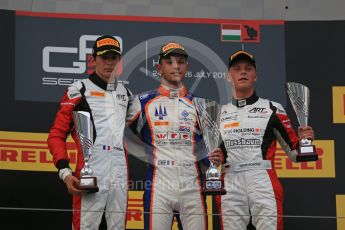 World © Octane Photographic Ltd. Saturday 25th July 2015. Trident – Luca Ghiotto (1st), ART Grand Prix – Esteban Ocon (2nd) and Marvin Kirchhofer (3rd). GP3 Race 1 Podium – Hungaroring, Hungary. Digital Ref. :