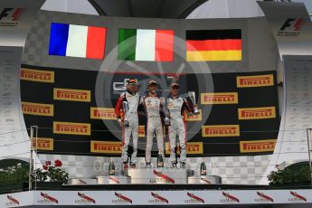 World © Octane Photographic Ltd. Saturday 25th July 2015. Trident – Luca Ghiotto (1st), ART Grand Prix – Esteban Ocon (2nd) and Marvin Kirchhofer (3rd). GP3 Race 1 Podium – Hungaroring, Hungary. Digital Ref. :