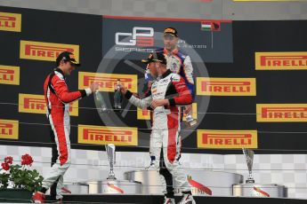 World © Octane Photographic Ltd. Saturday 25th July 2015. Trident – Luca Ghiotto (1st), ART Grand Prix – Esteban Ocon (2nd) and Marvin Kirchhofer (3rd). GP3 Race 1 Podium – Hungaroring, Hungary. Digital Ref. :