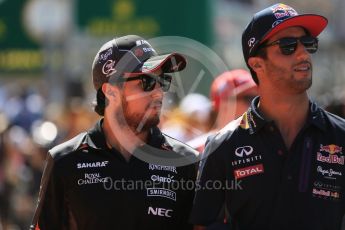 World © Octane Photographic Ltd. Sahara Force India VJM08B – Sergio Perez and Infiniti Red Bull Racing RB11 – Daniel Ricciardo. Sunday 6th September 2015, F1 Italian GP Drivers’ Parade, Monza, Italy. Digital Ref: 1418LB5D9129