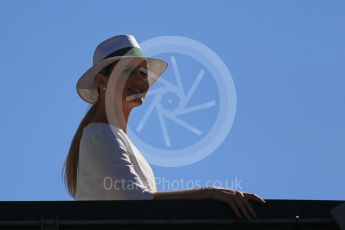 World © Octane Photographic Ltd. The grid girls lined the podium walkway as usual. Sunday 6th September 2015, F1 Italian GP Podium, Monza, Italy. Digital Ref: 1420LB1D2909