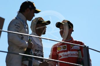 World © Octane Photographic Ltd. Mercedes AMG Petronas F1 W06 Hybrid – Lewis Hamilton (1st), Scuderia Ferrari SF15-T– Sebastian Vettel (2nd) and Williams Martini Racing FW37 – Felipe Massa (3rd). Sunday 6th September 2015, F1 Italian GP Podium, Monza, Italy. Digital Ref: 1420LB1D3201