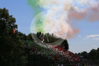 World © Octane Photographic Ltd. Frecce Tricolori - Italian Aerobatic team leave a trail of Italian coloured smoke above the circuit. Sunday 6th September 2015, F1 Italian GP Race, Monza, Italy. Digital Ref: 1419LB1D2548