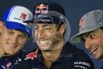 World © Octane Photographic Ltd. FIA Drivers’ Press Conference. Thursday 3rd September 2015, F1 Italian GP Press Conference, Monza, Italy. Marcus Ericsson – Sauber F1 Team, Daniel Ricciardo - Infiniti Red Bull Racing and Carlos Sainz - Scuderia Toro Rosso. Digital Ref: 1401LB1D8227