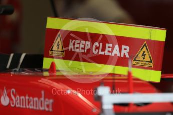 World © Octane Photographic Ltd. Scuderia Ferrari SF15-T electrical hazard, keep clear. Thursday 3rd September 2015, F1 Italian GP Paddock, Monza, Italy. Digital Ref: 1400LB1D8069