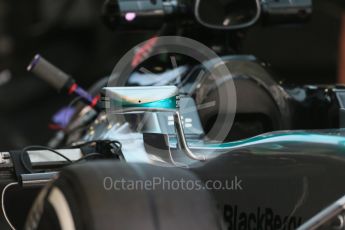 World © Octane Photographic Ltd. Mercedes AMG Petronas F1 W06 Hybrid mirror and side pod vanes. Thursday 3rd September 2015, F1 Italian GP Paddock, Monza, Italy. Digital Ref: 1400LB1D8125