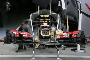 World © Octane Photographic Ltd. Lotus F1 Team E23 Hybrid front wing – Pastor Maldonado. Thursday 3rd September 2015, F1 Italian GP Paddock, Monza, Italy. Digital Ref: 1400LB5D8074