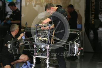 World © Octane Photographic Ltd. Lotus F1 Team E23 Hybrid front suspension and brakes– Pastor Maldonado. Thursday 3rd September 2015, F1 Italian GP Paddock, Monza, Italy. Digital Ref: 1400LB5D8076