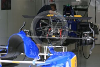 World © Octane Photographic Ltd. Sauber F1 Team C34-Ferrari front suspension – Marcus Ericsson. Thursday 3rd September 2015, F1 Italian GP Paddock, Monza, Italy. Digital Ref: 1400LB5D8102