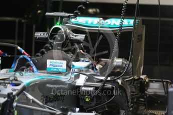 World © Octane Photographic Ltd. Mercedes AMG Petronas F1 W06 Hybrid rear wing – Lewis Hamilton. Friday 4th September 2015, F1 Italian GP Pitlane, Monza, Italy. Digital Ref: 1404LB1D8529