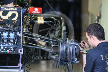 World © Octane Photographic Ltd. Lotus F1 Team E23 Hybrid front brakes – Pastor Maldonado. Friday 4th September 2015, F1 Italian GP Pitlane, Monza, Italy. Digital Ref: 1404LB1D8641