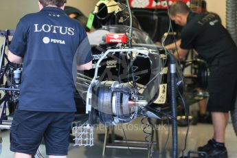 World © Octane Photographic Ltd. Lotus F1 Team E23 Hybrid front brakes - Reserve Driver – Jolyon Palmer. Friday 4th September 2015, F1 Italian GP Pitlane, Monza, Italy. Digital Ref: 1404LB1D8644