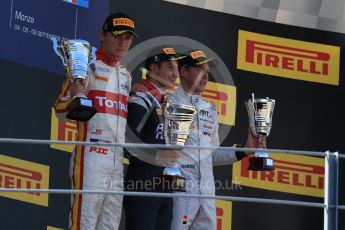 World © Octane Photographic Ltd. Sunday 6th September 2015. Russian Time – Mitch Evans (1st), Campos Racing – Arthur Pic (2nd) and ART Grand Prix – Stoffel Vandoorne (3rd). GP2 Race 2, Monza, Italy. Digital Ref. : 1416LB1D2476