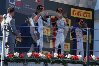 World © Octane Photographic Ltd. Sunday 6th September 2015. ART Grand Prix – Marvin Kirchhofer (1st) and Esteban Ocon (2nd) and Trident – Luca Ghiotto (3rd). GP3 Race 2 - Monza, Italy. Digital Ref. : 1415LB1D2241