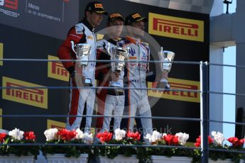 World © Octane Photographic Ltd. Sunday 6th September 2015. ART Grand Prix – Marvin Kirchhofer (1st) and Esteban Ocon (2nd) and Trident – Luca Ghiotto (3rd). GP3 Race 2 - Monza, Italy. Digital Ref. : 1415LB1D2273