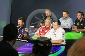 World © Octane Photographic Ltd. FIA Team Personnel Press Conference. Friday 4th September 2015, F1 Italian GP Press Conference, Monza, Italy. Maurizio Arrizabene – Scuderia Ferrari Team Principle, Eric Boullier – McLaren Honda Racing Director, Matthew Carter – Lotus F1 Team CEO, Robert Fernley – Sahara Force India Deputy Team Principle, Paul Hembery – Pirelli Motorsport Director, Christian Horner – Infinity Red Bull Racing Team Principle. Digital Ref: 1408LB5D8413