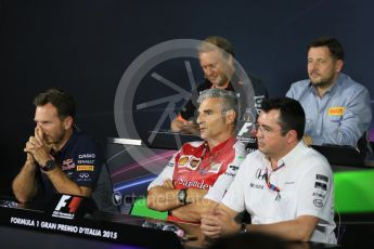 World © Octane Photographic Ltd. FIA Team Personnel Press Conference. Friday 4th September 2015, F1 Italian GP Press Conference, Monza, Italy. Maurizio Arrizabene – Scuderia Ferrari Team Principle, Eric Boullier – McLaren Honda Racing Director, Matthew Carter – Lotus F1 Team CEO, Robert Fernley – Sahara Force India Deputy Team Principle, Paul Hembery – Pirelli Motorsport Director, Christian Horner – Infinity Red Bull Racing Team Principle. Digital Ref: 1408LB5D8416