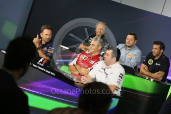 World © Octane Photographic Ltd. FIA Team Personnel Press Conference. Friday 4th September 2015, F1 Italian GP Press Conference, Monza, Italy. Maurizio Arrizabene – Scuderia Ferrari Team Principle, Eric Boullier – McLaren Honda Racing Director, Matthew Carter – Lotus F1 Team CEO, Robert Fernley – Sahara Force India Deputy Team Principle, Paul Hembery – Pirelli Motorsport Director, Christian Horner – Infinity Red Bull Racing Team Principle. Digital Ref: 1408LB5D8419