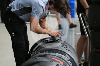 World © Octane Photographic Ltd. Pirelli checking tyres. Saturday 26th September 2015, F1 Japanese Grand Prix, Practice 3, Suzuka. Digital Ref: