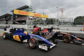 World © Octane Photographic Ltd. Sauber F1 Team C34-Ferrari – Marcus Ericsson, Scuderia Toro Rosso STR10 – Carlos Sainz Jnr and Williams Martini Racing FW37 – Valtteri Bottas. Saturday 26th September 2015, F1 Japanese Grand Prix, Practice 3, Suzuka. Digital Ref: