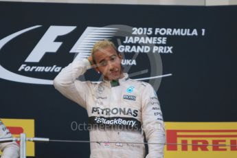 World © Octane Photographic Ltd. Mercedes AMG Petronas F1 W06 Hybrid – Lewis Hamilton (1st). Sunday 27th September 2015, F1 Japanese Grand Prix, Podium, Suzuka. Digital Ref: