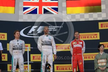 World © Octane Photographic Ltd. Mercedes AMG Petronas F1 W06 Hybrid – Lewis Hamilton (1st), Nico Rosberg (2nd) and Scuderia Ferrari SF15-T– Sebastian Vettel (3rd). Sunday 27th September 2015, F1 Japanese Grand Prix, Podium, Suzuka. Digital Ref: