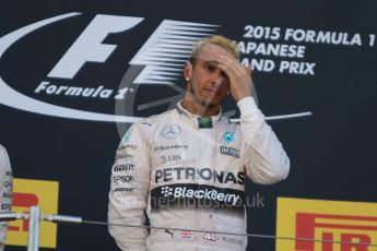 World © Octane Photographic Ltd. Mercedes AMG Petronas F1 W06 Hybrid – Lewis Hamilton (1st). Sunday 27th September 2015, F1 Japanese Grand Prix, Podium, Suzuka. Digital Ref: