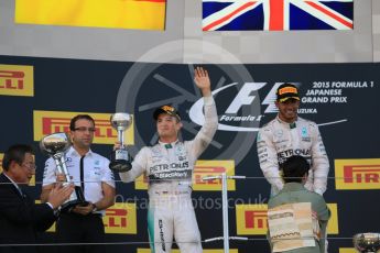 World © Octane Photographic Ltd. Mercedes AMG Petronas F1 W06 Hybrid – Lewis Hamilton (1st) and Nico Rosberg (2nd). Sunday 27th September 2015, F1 Japanese Grand Prix, Podium, Suzuka. Digital Ref: