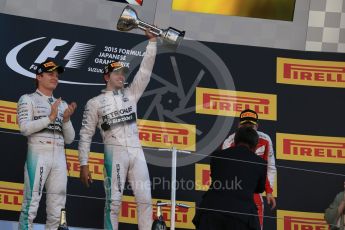World © Octane Photographic Ltd. Mercedes AMG Petronas F1 W06 Hybrid – Lewis Hamilton (1st) and Nico Rosberg (2nd). Sunday 27th September 2015, F1 Japanese Grand Prix, Podium, Suzuka. Digital Ref: