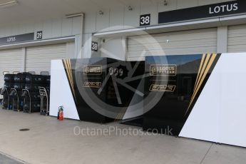 World © Octane Photographic Ltd. Lotus F1 Team E23 Hybrid – garage entry and tyre warmers. Saturday 26th September 2015, F1 Japanese Grand Prix, Paddock, Suzuka. Digital Ref: 1445CB7D6270