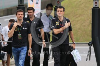 World © Octane Photographic Ltd. Lotus F1 Team – Jolyon Palmer, Federico Gastaldi and Matthew Carter. Sunday 27th September 2015, F1 Japanese Grand Prix, Setup, Suzuka. Digital Ref: 1448CB7D7814