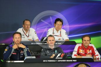 World © Octane Photographic Ltd. Team Personnel Press Conference. Friday 25th September 2015, F1 Japanese Grand Prix, Suzuka. Yasuhisa Arai - Honda Head of Motorsport, Luigi Fraboni – Scuderia Ferrari Head of Engine Trackside operations, Christian Horner – Infiniti Red Bull Racing team principle, Paddy Lowe - Mercedes AMG Petronas Executive Director, Jonathan Neale – McLaren Honda – Chief Operating Officer and acting CEO. Digital Ref: 1444CB5D1747