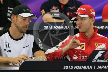 World © Octane Photographic Ltd. Drivers’ Press Conference. Thursday 24th September 2015, F1 Japanese Grand Prix, Suzuka. McLaren Honda - Jenson Button and Scuderia Ferrari – Sebastian Vettel. Digital Ref: 1440CB7D4495
