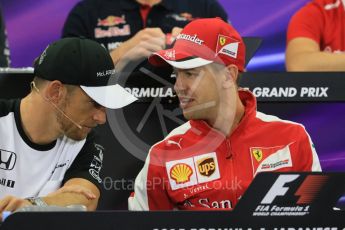 World © Octane Photographic Ltd. Drivers’ Press Conference. Thursday 24th September 2015, F1 Japanese Grand Prix, Suzuka. McLaren Honda - Jenson Button and Scuderia Ferrari – Sebastian Vettel. Digital Ref: 1440CB7D4505