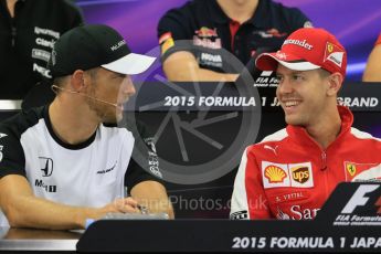 World © Octane Photographic Ltd. Drivers’ Press Conference. Thursday 24th September 2015, F1 Japanese Grand Prix, Suzuka. McLaren Honda - Jenson Button and Scuderia Ferrari – Sebastian Vettel. Digital Ref: 1440CB7D4530