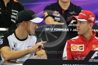 World © Octane Photographic Ltd. Drivers’ Press Conference. Thursday 24th September 2015, F1 Japanese Grand Prix, Suzuka. McLaren Honda - Jenson Button and Scuderia Ferrari – Sebastian Vettel. Digital Ref: 1440CB7D4537