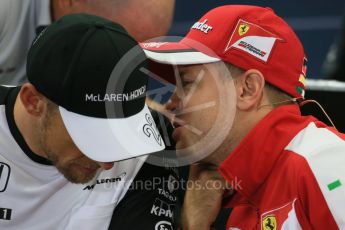World © Octane Photographic Ltd. Drivers’ Press Conference. Thursday 24th September 2015, F1 Japanese Grand Prix, Suzuka. McLaren Honda - Jenson Button and Scuderia Ferrari – Sebastian Vettel. Digital Ref: 1440LB1D9305