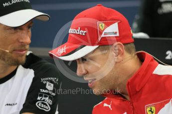 World © Octane Photographic Ltd. Drivers’ Press Conference. Thursday 24th September 2015, F1 Japanese Grand Prix, Suzuka. McLaren Honda - Jenson Button and Scuderia Ferrari – Sebastian Vettel. Digital Ref: 1440LB1D9427