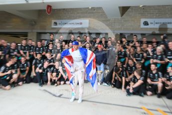 World © Octane Photographic Ltd. Mercedes AMG Petronas F1 team – Lewis Hamilton, celebrate on winning the USA GP, with enough points to take the World Drovers Championship (WDC) Sunday 25th October 2015, F1 USA Grand Prix, Austin, Texas - Circuit of the Americas (COTA). Digital Ref: 1468LB1D3175