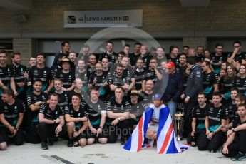 World © Octane Photographic Ltd. Mercedes AMG Petronas F1 team – Lewis Hamilton, celebrate on winning the USA GP, with enough points to take the World Drivers Championship (WDC) Sunday 25th October 2015, F1 USA Grand Prix, Austin, Texas - Circuit of the Americas (COTA). Digital Ref: 1468LB1D3196