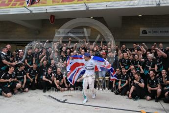World © Octane Photographic Ltd. Mercedes AMG Petronas F1 team – Lewis Hamilton, celebrate on winning the USA GP, with enough points to take the World Drivers Championship (WDC) Sunday 25th October 2015, F1 USA Grand Prix, Austin, Texas - Circuit of the Americas (COTA). Digital Ref: 1468LB1D3258