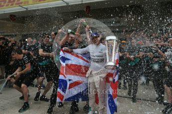 World © Octane Photographic Ltd. Mercedes AMG Petronas F1 team – Lewis Hamilton, celebrate on winning the USA GP, with enough points to take the World Drivers Championship (WDC) Sunday 25th October 2015, F1 USA Grand Prix, Austin, Texas - Circuit of the Americas (COTA). Digital Ref: 1468LB1D3357