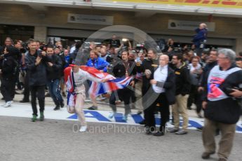 World © Octane Photographic Ltd. Mercedes AMG Petronas F1 team – Lewis Hamilton, celebrate on winning the USA GP, with enough points to take the World Drivers Championship (WDC) Sunday 25th October 2015, F1 USA Grand Prix, Austin, Texas - Circuit of the Americas (COTA). Digital Ref: 1468LB1D3412