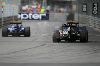 World © Octane Photographic Ltd. Sauber F1 Team C34-Ferrari – Marcus Ericsson and Sahara Force India VJM08 – Sergio Perez. Saturday 23rd May 2015, F1 Practice 3, Monte Carlo, Monaco. Digital Ref: 1281CB1L0941