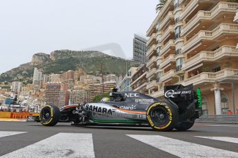 World © Octane Photographic Ltd. Sahara Force India VJM08 – Sergio Perez. Saturday 23rd May 2015, F1 Practice 3, Monte Carlo, Monaco. Digital Ref: 1281CB7D5326