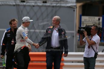 World © Octane Photographic Ltd. Sahara Force India VJM08 – Nico Hulkenberg and Helmut Marko - advisor to the Red Bull Racing Formula One Team, head of Red Bull's driver development program. Saturday 23rd May 2015, F1 Practice 3, Monte Carlo, Monaco. Digital Ref: 1281LB1D5598