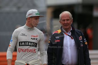 World © Octane Photographic Ltd. Sahara Force India VJM08 – Nico Hulkenberg and Helmut Marko - advisor to the Red Bull Racing Formula One Team, head of Red Bull's driver development program. Saturday 23rd May 2015, F1 Practice 3, Monte Carlo, Monaco. Digital Ref: 1281LB1D5613