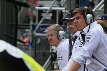 World © Octane Photographic Ltd. Mercedes AMG Petronas F1 - Toto Wolff and CEO of Mercedes - Dieter Zetsche. Saturday 23rd May 2015, F1 Practice 3, Monte Carlo, Monaco. Digital Ref: 1281LB1D6402